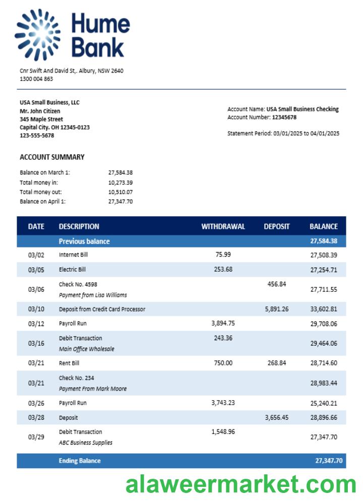 Humebank enterprise account statement Word and PDF format